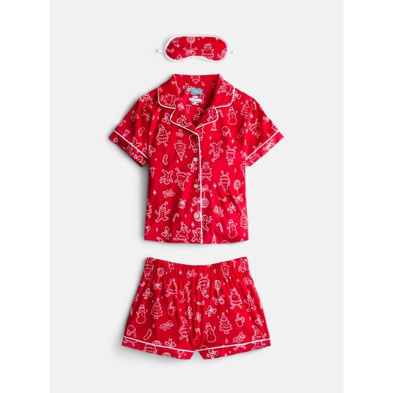 Wonder Nation Girls Short Sleeve Button Front Pajama Top and Shorts Set with Eyemask, 3-Piece, Sizes Sizes 4-18