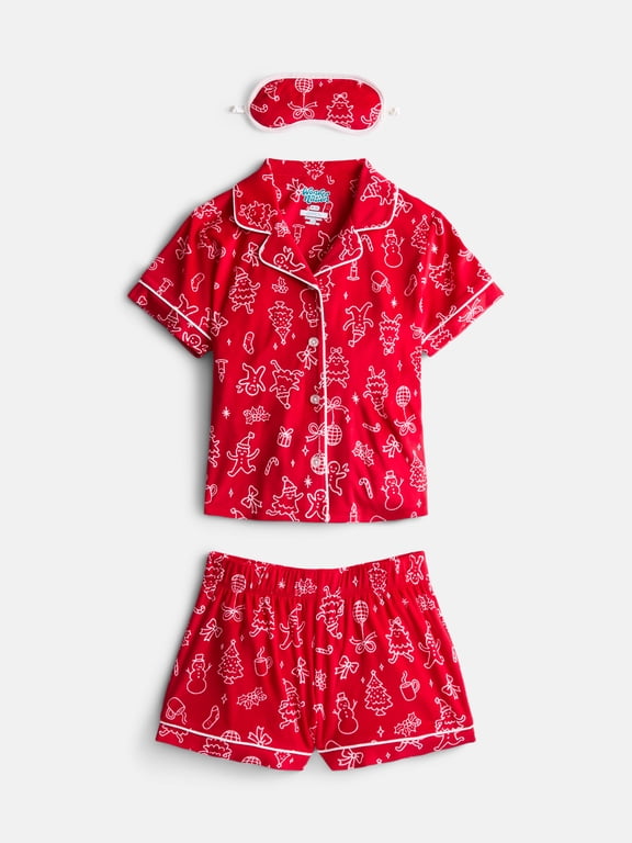 Girls Short Sleeve Button Front Pajama Top and Shorts Set with Eyemask, 3-Piece, Sizes Sizes 4-18