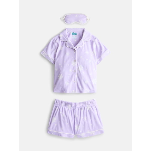 Wonder Nation Girls Short Sleeve Button Front Pajama Top and Shorts Set with Eyemask, 3-Piece, Sizes Sizes 4-18