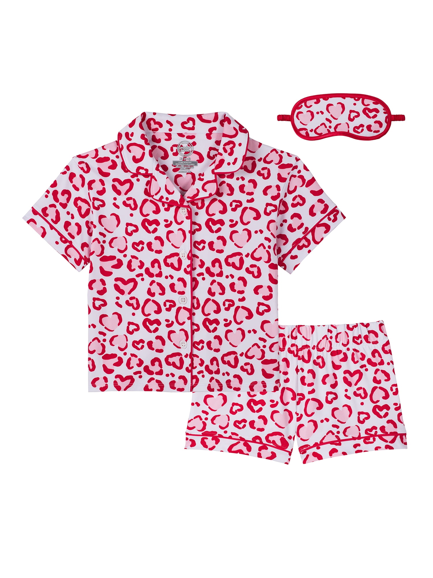 Wonder Nation Girls Short Sleeve Button Front Pajama Top and Shorts Set with Eyemask, 3-Piece, Sizes Sizes 4-18