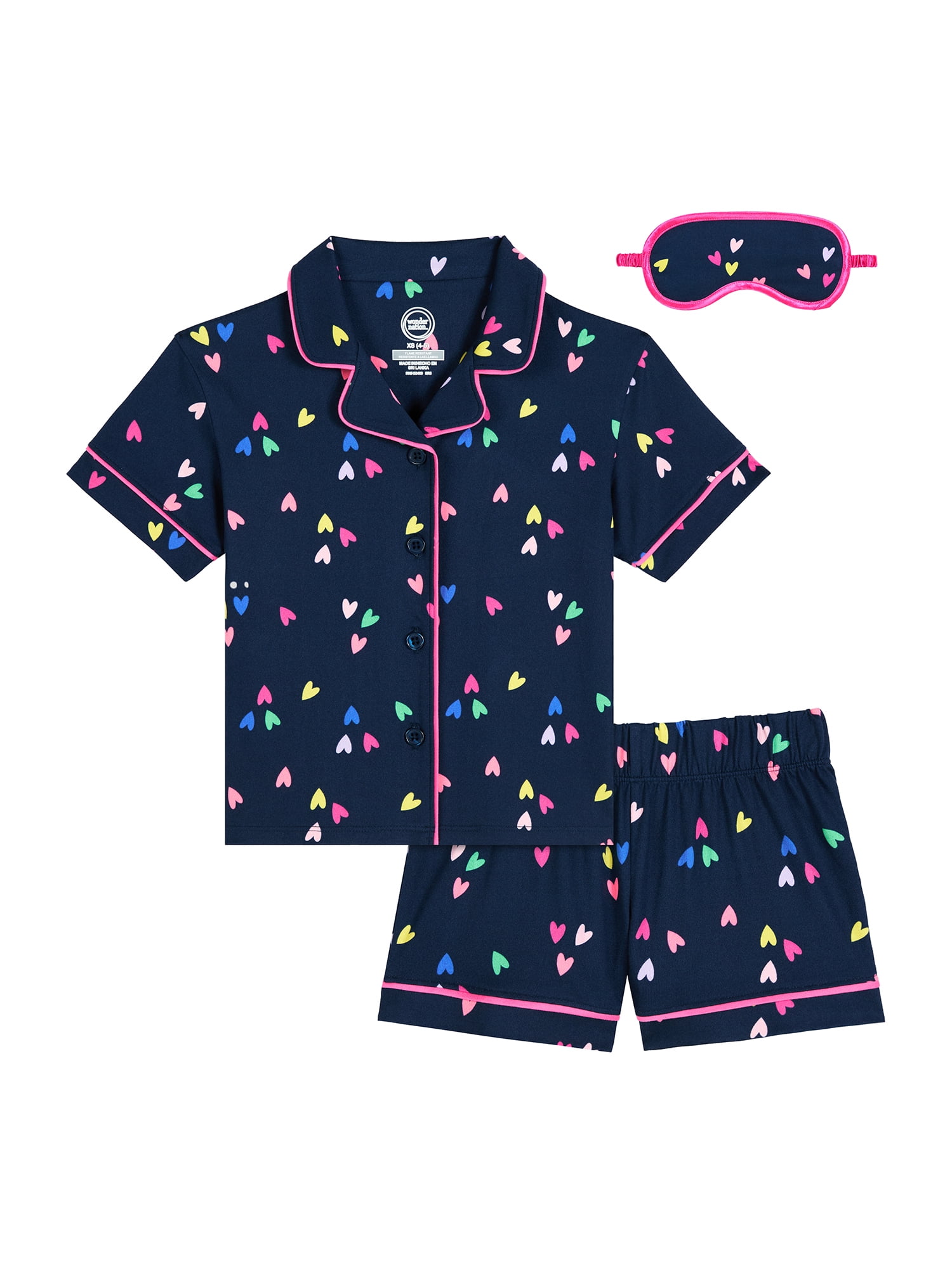 Wonder Nation Girls Short Sleeve Button Front Pajama Top and Shorts Set with Eyemask, 3-Piece, Sizes Sizes 4-18