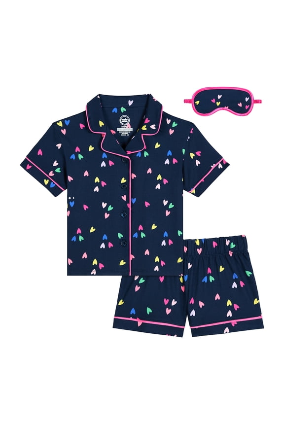Girls Short Sleeve Button Front Pajama Top and Shorts Set with Eyemask, 3-Piece, Sizes Sizes 4-18