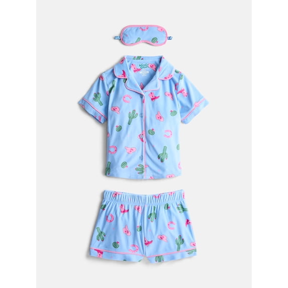 Wonder Nation Girls Short Sleeve Button Front Pajama Top and Shorts Set with Eyemask, 3-Piece, Sizes Sizes 4-18