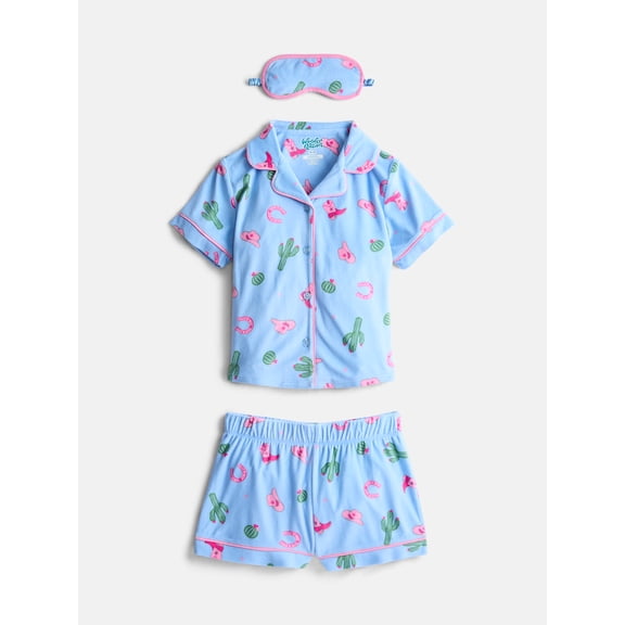 Wonder Nation Girls Short Sleeve Button Front Pajama Top and Shorts Set with Eyemask, 3-Piece, Sizes Sizes 4-18