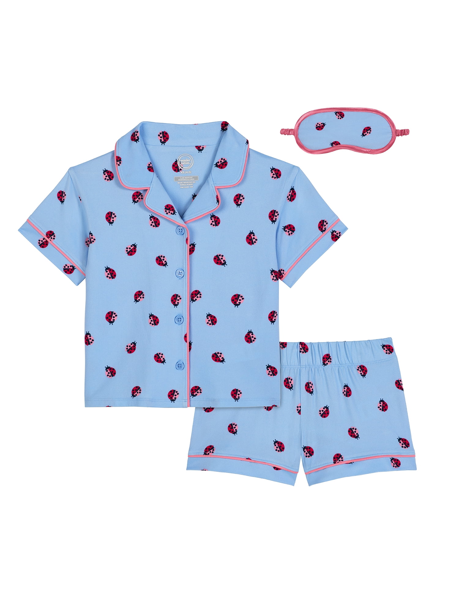 Wonder Nation Girls Short Sleeve Button Front Pajama Top and Shorts Set with Eyemask, 3-Piece, Sizes Sizes 4-18