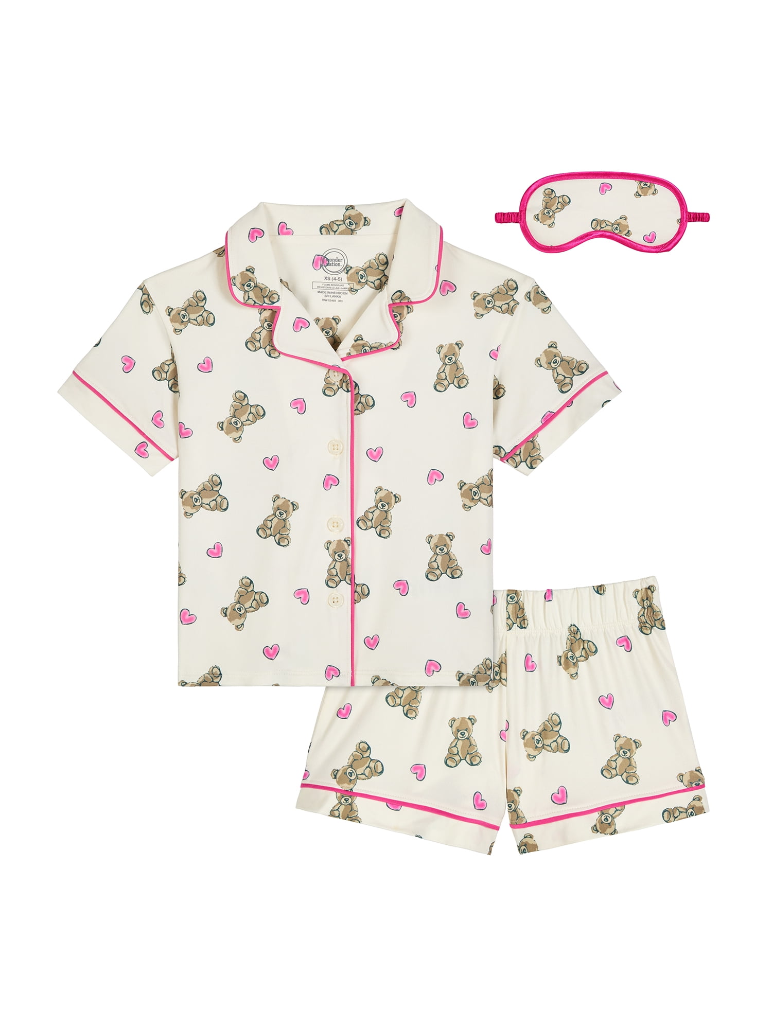 Wonder Nation Girls Short Sleeve Button Front Pajama Top and Shorts Set with Eyemask, 3-Piece, Sizes Sizes 4-18