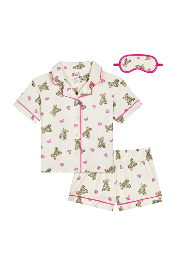 Girls Short Sleeve Button Front Pajama Top and Shorts Set with Eyemask, 3-Piece, Sizes Sizes 4-18