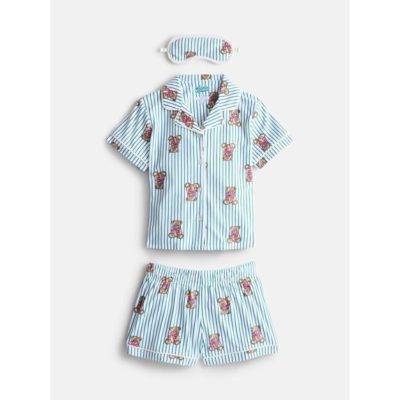 Wonder Nation Girls Short Sleeve Button Front Pajama Top and Shorts Set with Eyemask, 3-Piece, Sizes Sizes 4-18