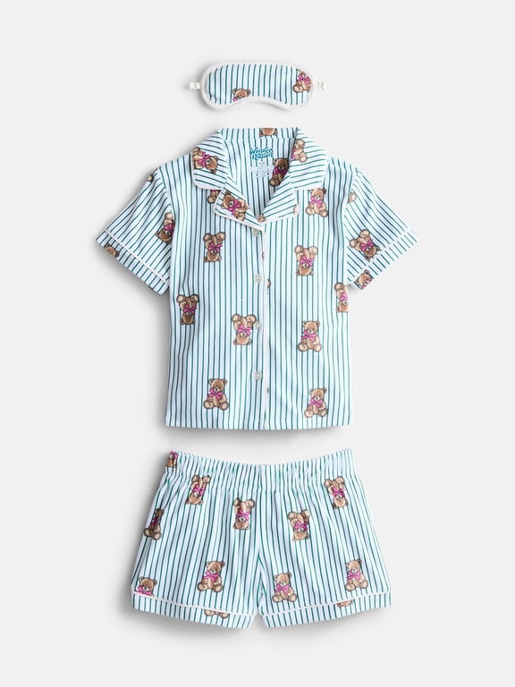Girls Short Sleeve Button Front Pajama Top and Shorts Set with Eyemask, 3-Piece, Sizes Sizes 4-18