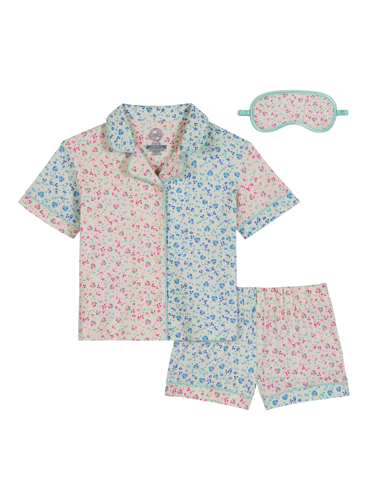 Wonder Nation Girls Short Sleeve Button Front Pajama Top and Shorts Set with Eyemask, 3-Piece, Sizes Sizes 4-18