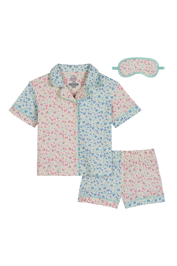 Girls Short Sleeve Button Front Pajama Top and Shorts Set with Eyemask, 3-Piece, Sizes Sizes 4-18