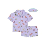 Girls Short Sleeve Button Front Pajama Top and Shorts Set with Eyemask, 3-Piece, Sizes Sizes 4-18