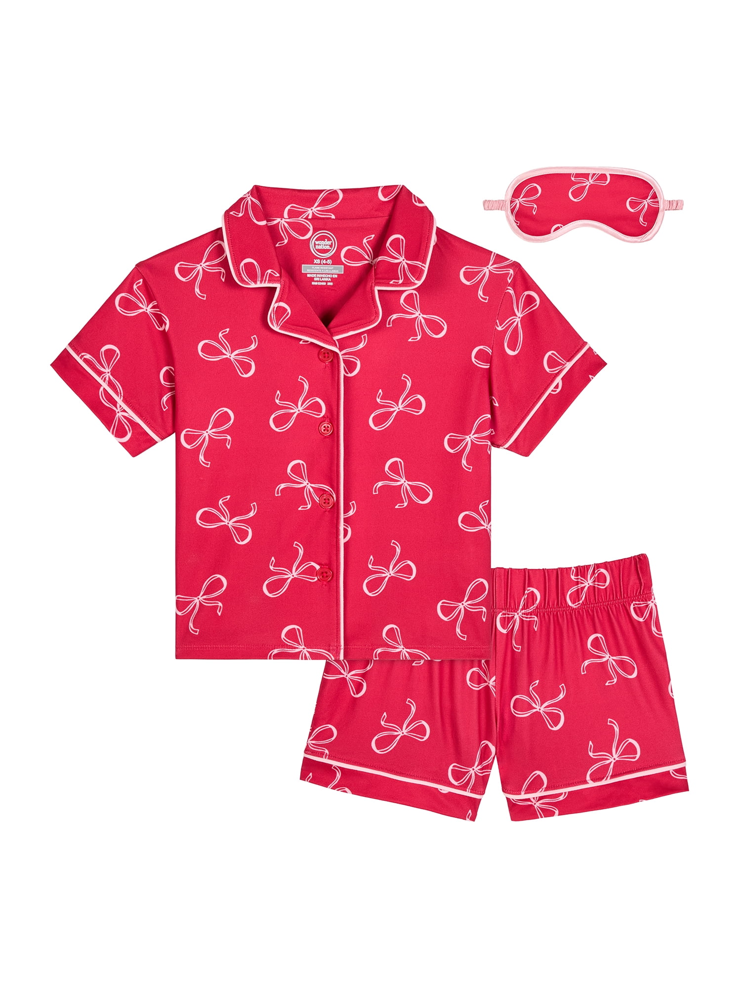 Wonder Nation Girls Short Sleeve Button Front Pajama Top and Shorts Set with Eyemask, 3-Piece, Sizes Sizes 4-18