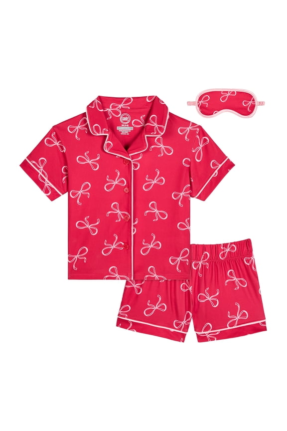 Girls Short Sleeve Button Front Pajama Top and Shorts Set with Eyemask, 3-Piece, Sizes Sizes 4-18