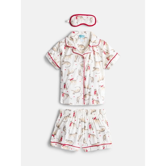 Wonder Nation Girls Short Sleeve Button Front Pajama Top and Shorts Set with Eyemask, 3-Piece, Sizes Sizes 4-18