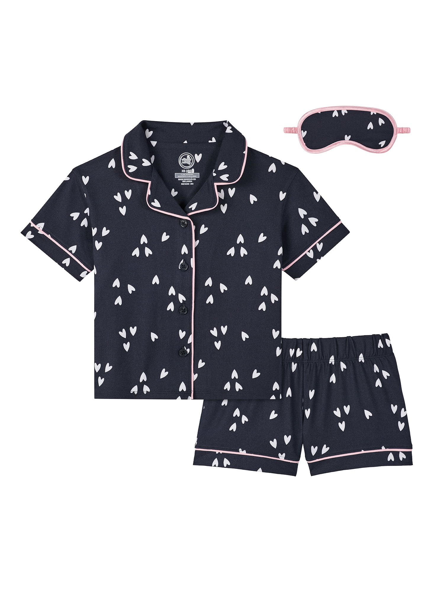 Wonder Nation Girls Short Sleeve Button Front Pajama Top and Shorts Set with Eyemask, 3-Piece, Sizes Sizes 4-18