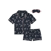 Girls Short Sleeve Button Front Pajama Top and Shorts Set with Eyemask, 3-Piece, Sizes Sizes 4-18