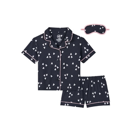 Wonder Nation Girls Short Sleeve Button Front Pajama Top and Shorts Set with Eyemask, 3-Piece, Sizes Sizes 4-18