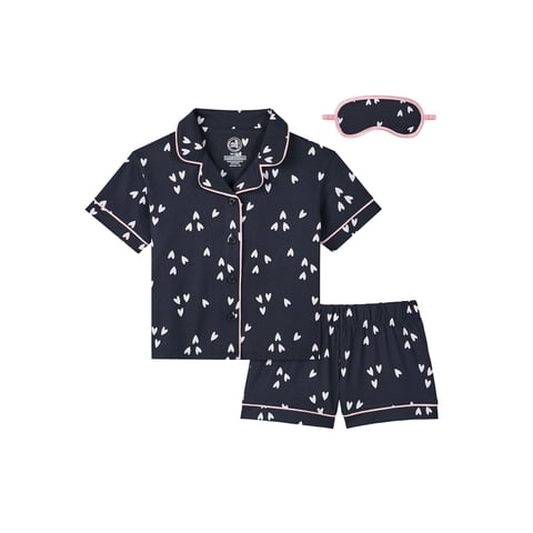 Wonder Nation Girls Short Sleeve Button Front Pajama Top and Shorts Set with Eyemask, 3-Piece, Sizes Sizes 4-18
