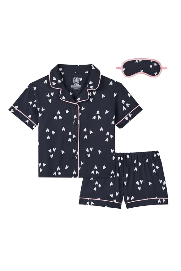 Girls Short Sleeve Button Front Pajama Top and Shorts Set with Eyemask, 3-Piece, Sizes Sizes 4-18