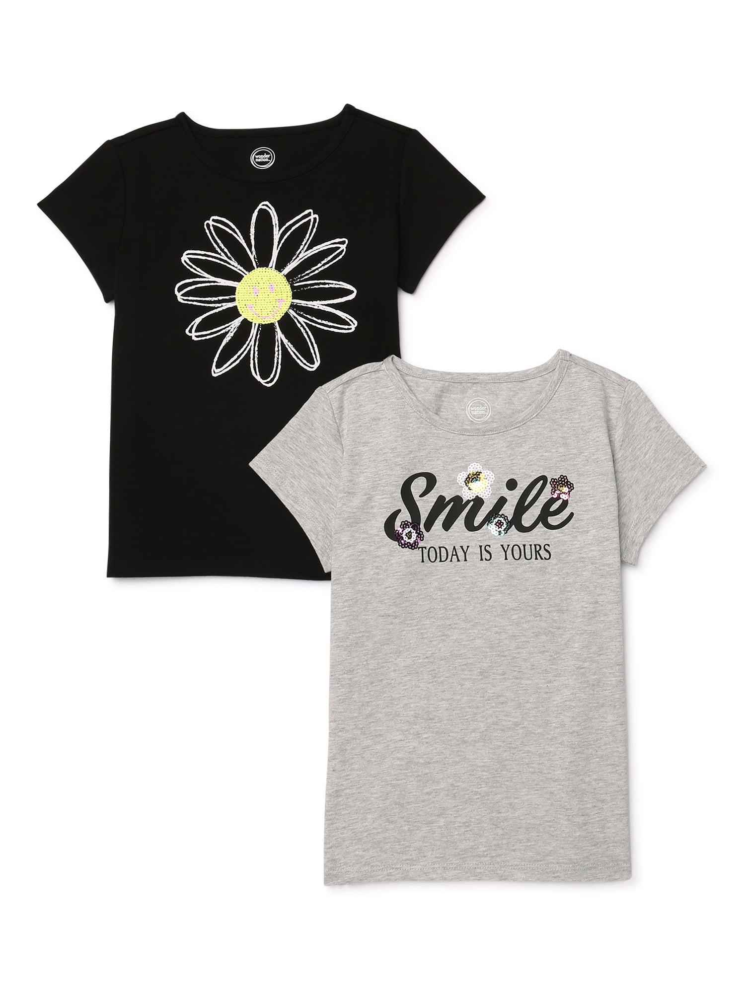 Wonder Nation Girls Short Sleeve Embellished T-Shirts, 2-Pack, Sizes 4-18 & Plus