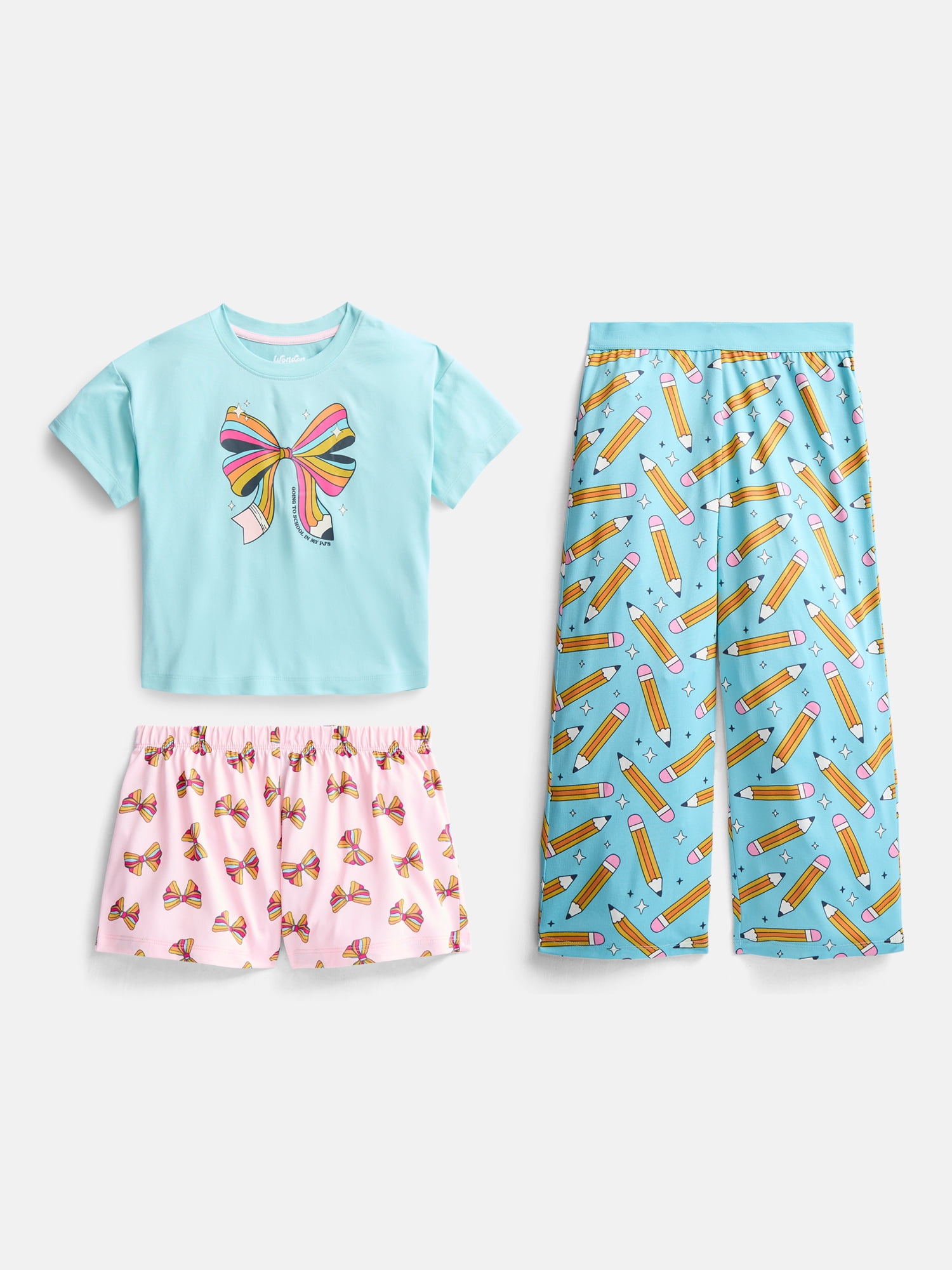 Wonder Nation Girls Graphic Tee with Shorts and Pants Pajama Set, 3 Piece, Sizes 4-18