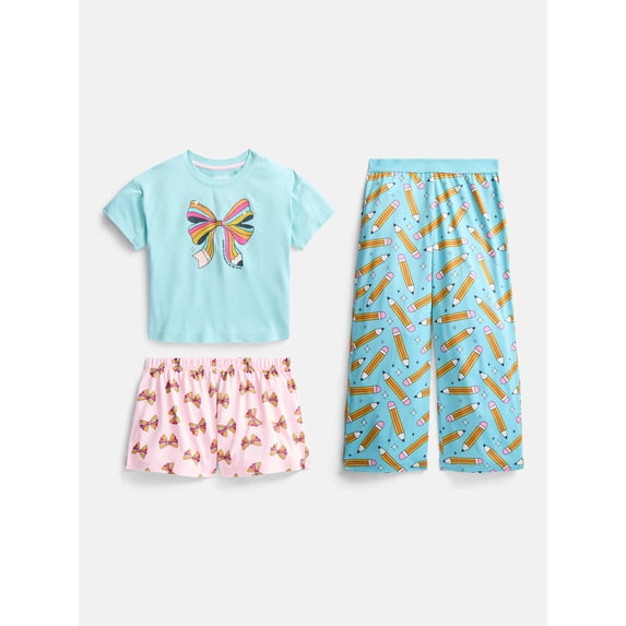 Wonder Nation Girls Graphic Tee with Shorts and Pants Pajama Set, 3 Piece, Sizes 4-18
