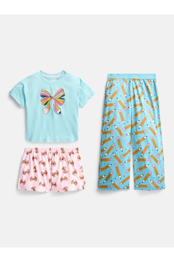 Girls Graphic Tee with Shorts and Pants Pajama Set, 3 Piece, Sizes 4-18