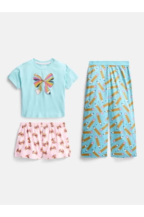 Girls Graphic Tee with Shorts and Pants Pajama Set, 3 Piece, Sizes 4-18