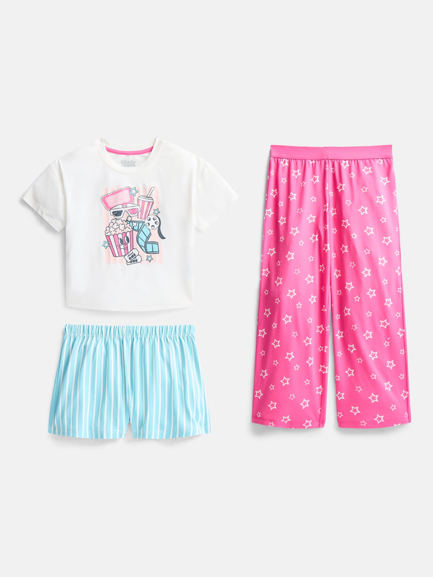 Wonder Nation Girls Graphic Tee with Shorts and Pants Pajama Set, 3 Piece, Sizes 4-18