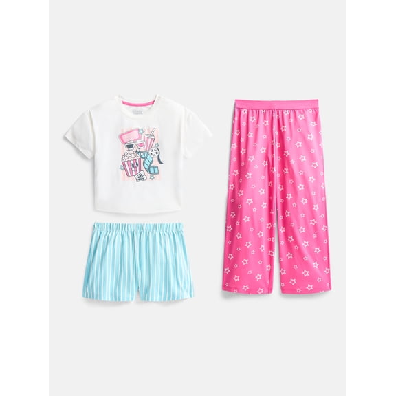 Wonder Nation Girls Graphic Tee with Shorts and Pants Pajama Set, 3 Piece, Sizes 4-18