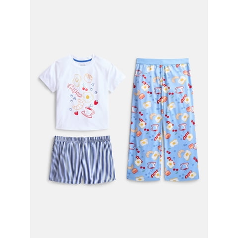 Girls Graphic Tee with Shorts and Pants Pajama Set, 3 Piece, Sizes 4-18