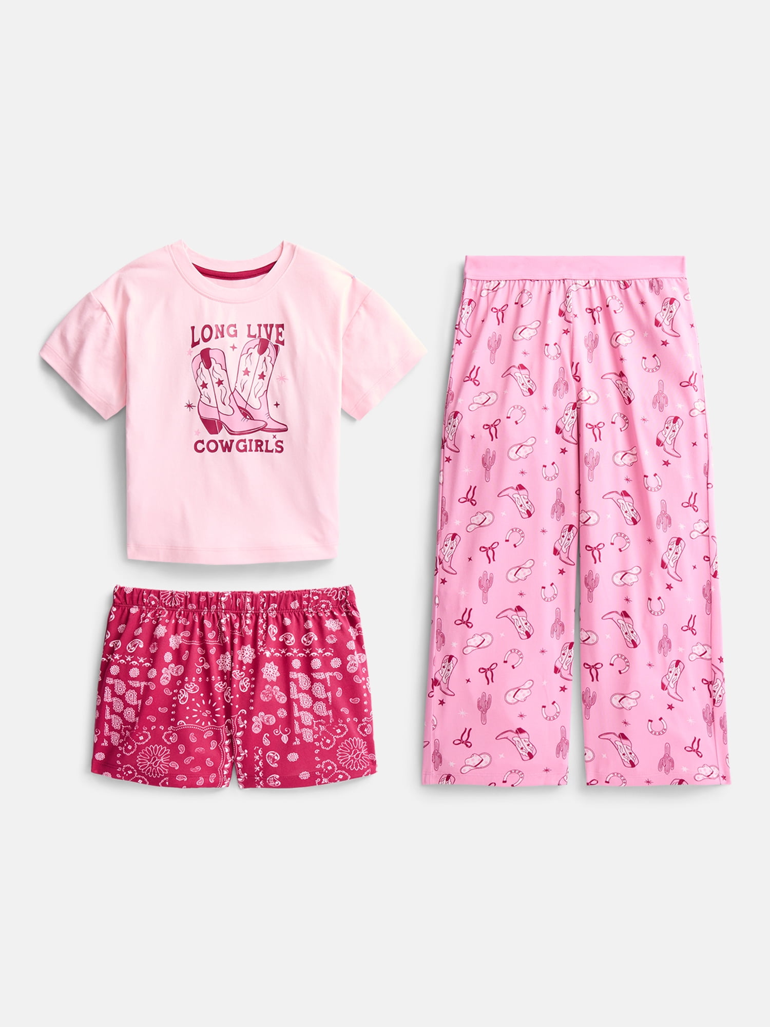 Wonder Nation Girls Graphic Tee with Shorts and Pants Pajama Set, 3 Piece, Sizes 4-18