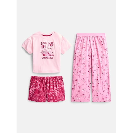 Wonder Nation Girls Graphic Tee with Shorts and Pants Pajama Set, 3 Piece, Sizes 4-18