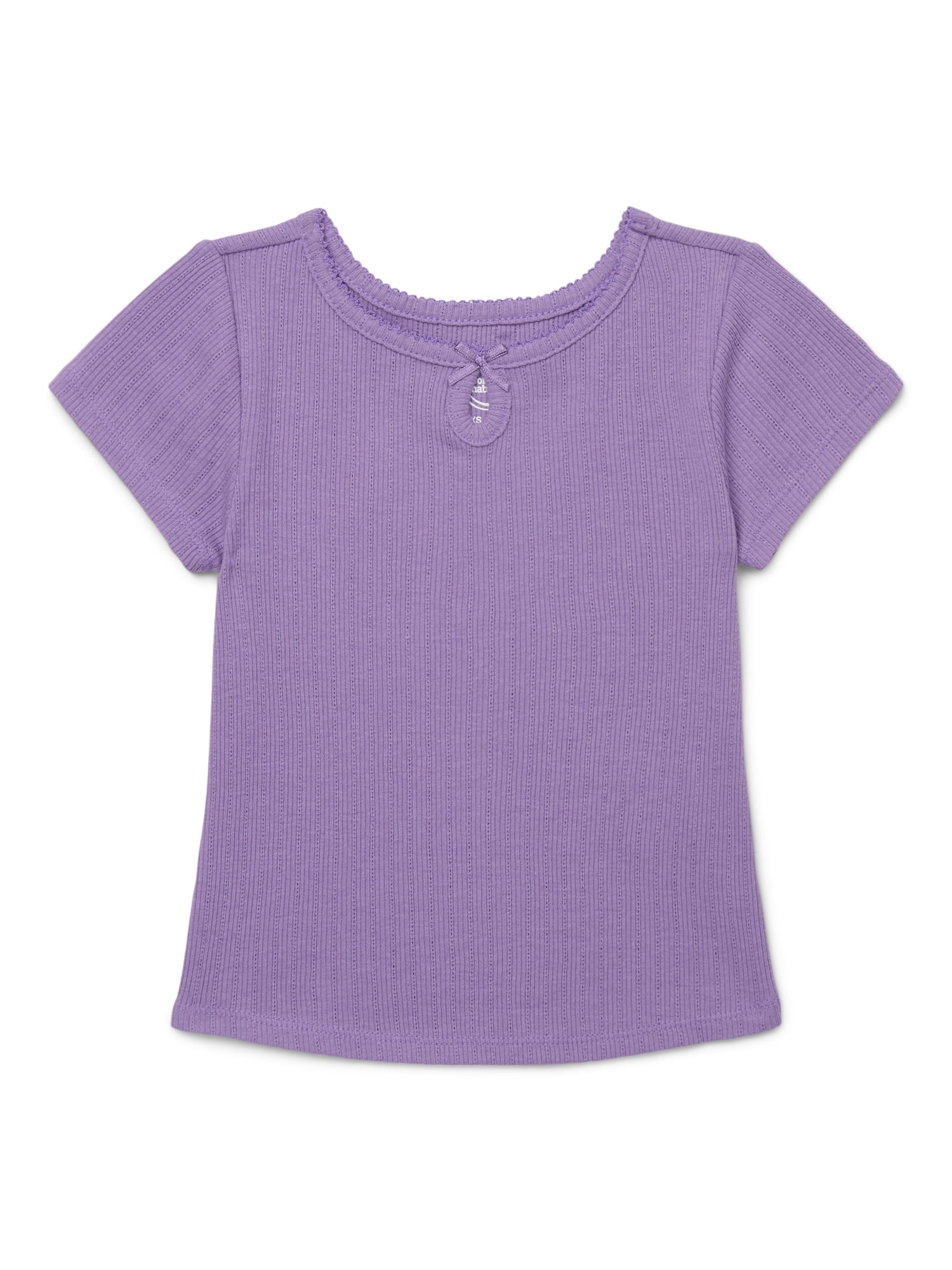 Wonder Nation Girls Ribbed Pointelle Keyhole T-Shirt with Satin