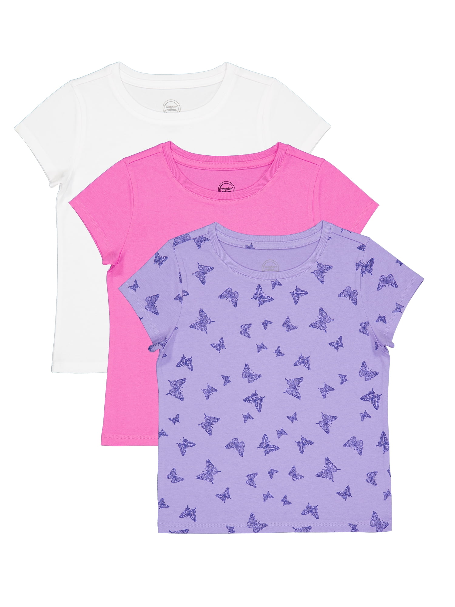 Wonder Nation Girls Kid Tough Tee with Short Sleeves, 3-Pack, Sizes 4-18 & Plus