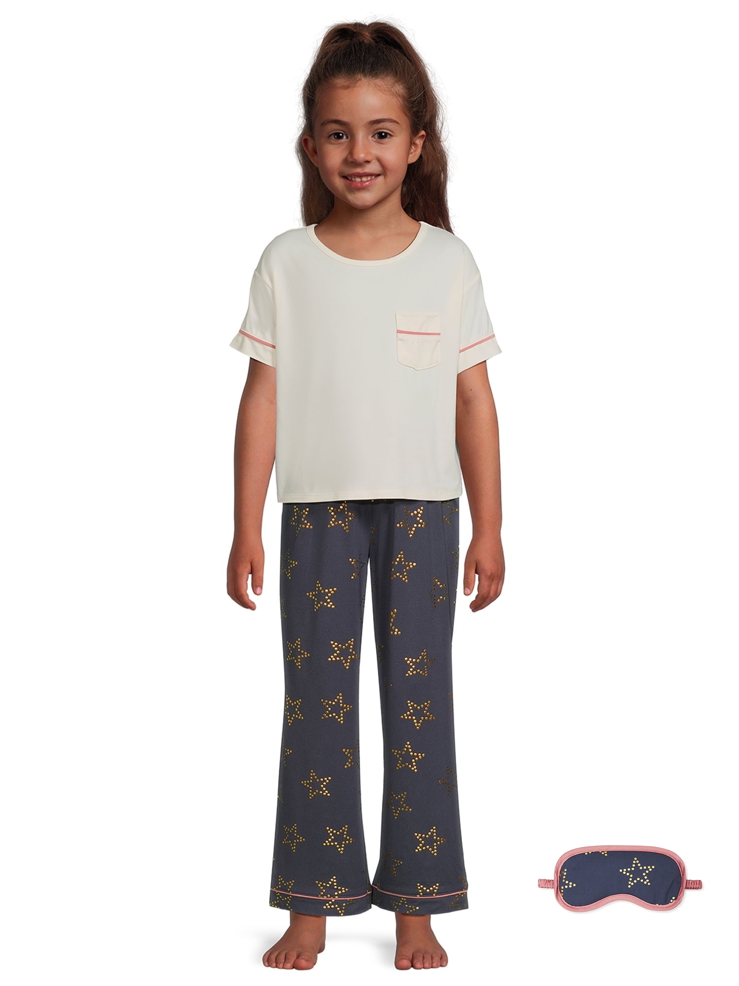 Wonder Nation Girls Short Sleeve Long Pant Pajama Sleep Set with