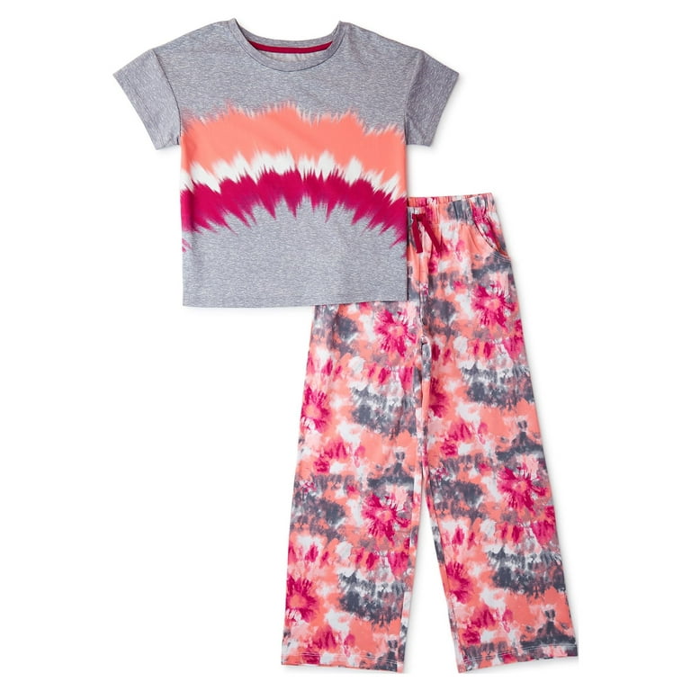 Wonder Nation Girls Short Sleeve Long Wide Leg Pajama Set 2 Piece