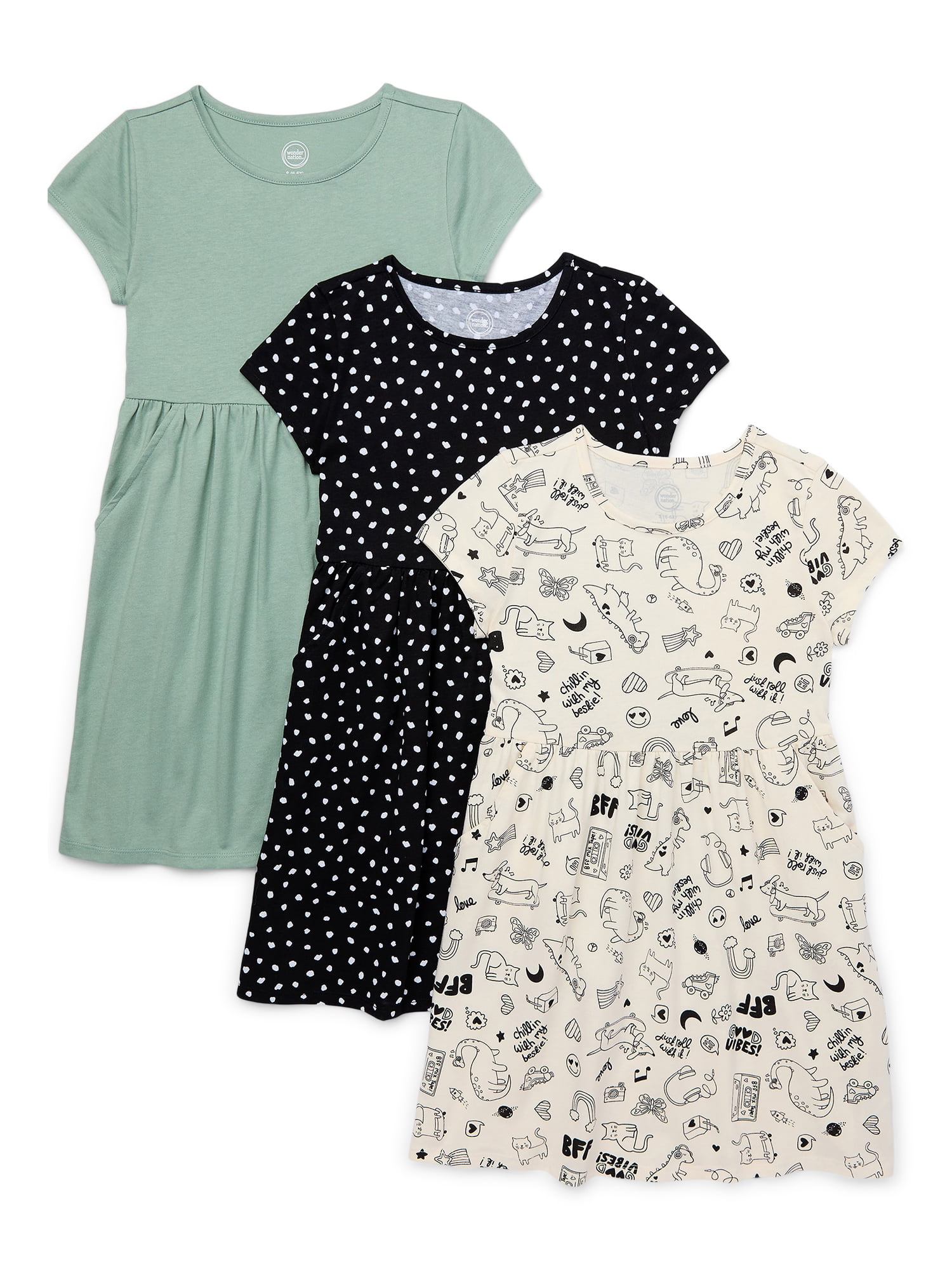 Wonder Nation Girls Short Sleeve Play Dress, 3-Pack, Sizes 4-18 & Plus