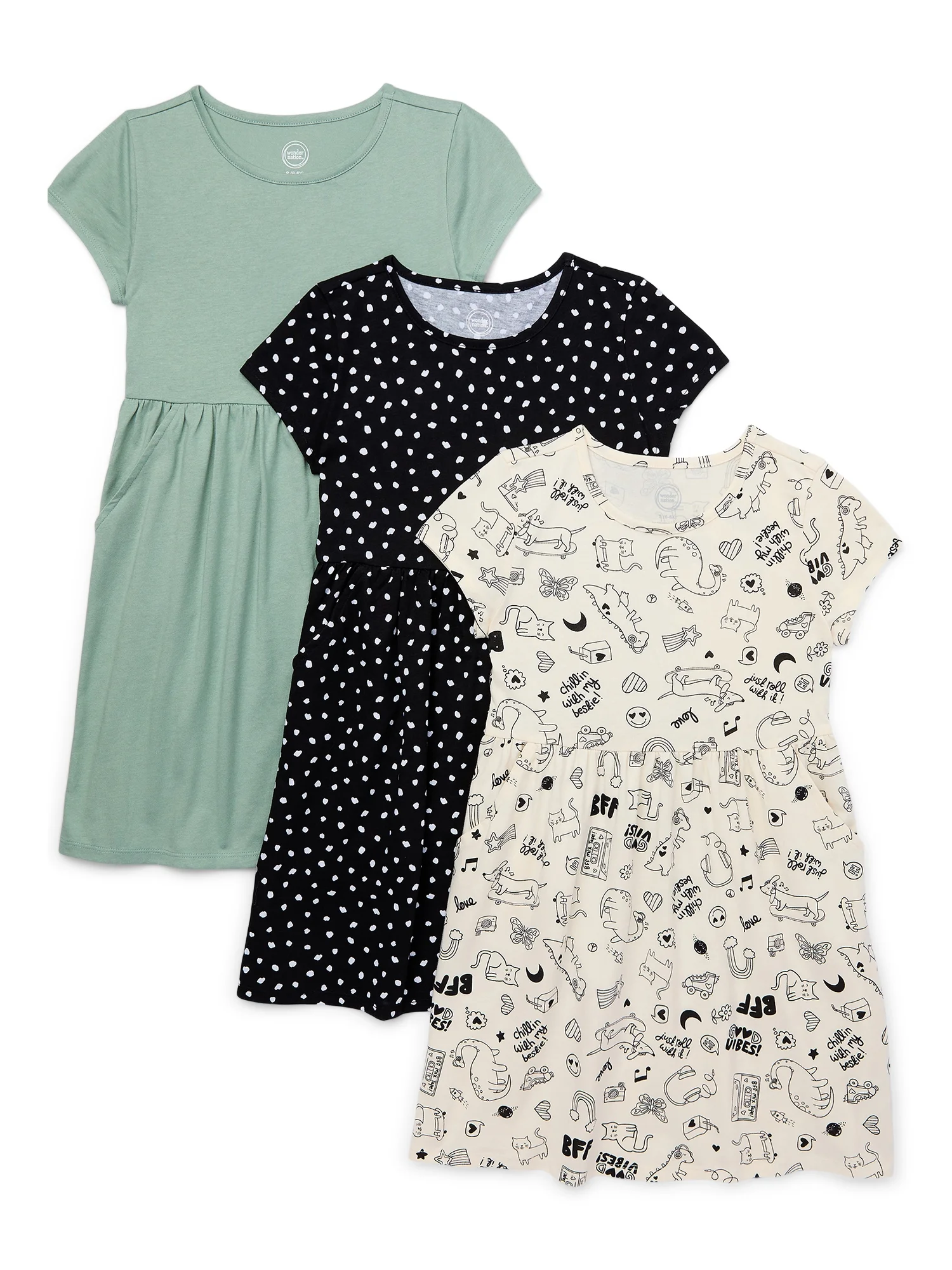 Wonder Nation Girls Short Sleeve Play Dress, 3-Pack, Sizes 4-18 & Plus