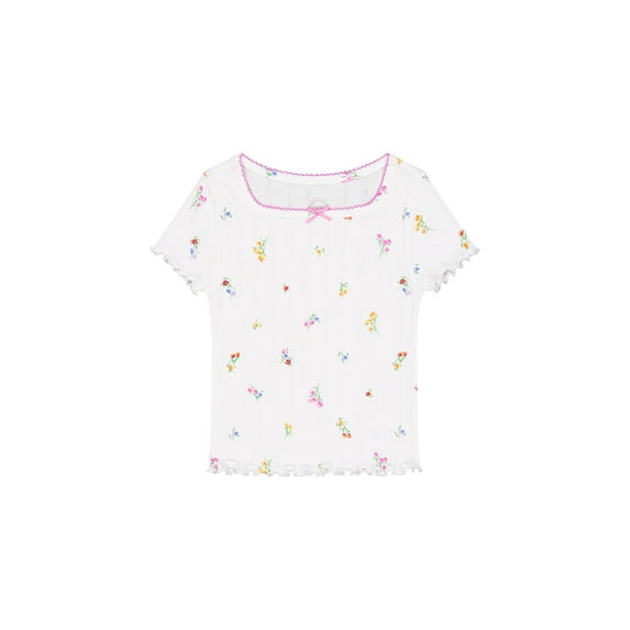 Wonder Nation Girls Short Sleeve Pointelle Trim Shirt, Sizes 4-18 & Plus