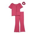 thumbnail image 1 of Wonder Nation Girls Short Sleeve Rib Top and Pants Pajama Set with Scrunchie, 3-Piece, Sizes 4-18 Plus, 1 of 3