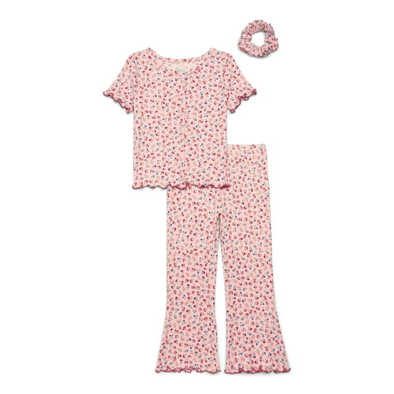 Wonder Nation Girls Short Sleeve Rib Top and Pants Pajama Set with Scrunchie, 3-Piece, Sizes 4-18 Plus
