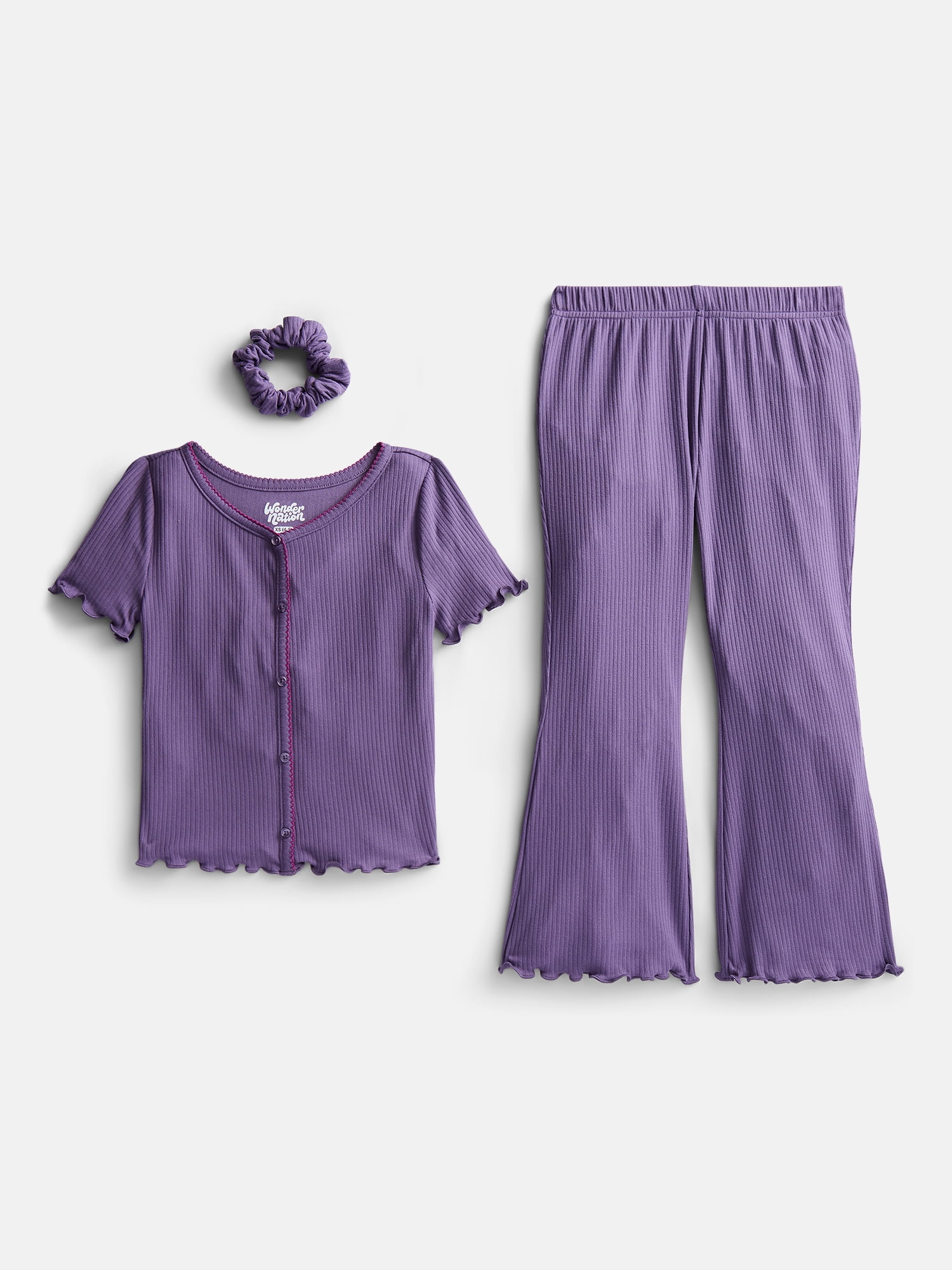 Wonder Nation Girls Ribbed Top and Pants Pajama Set with Scrunchie, 2 Piece, Sizes 4-18