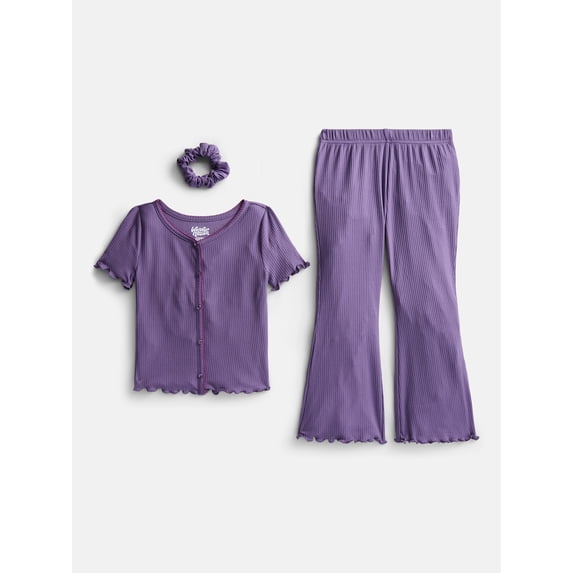 Wonder Nation Girls Ribbed Top and Pants Pajama Set with Scrunchie, 2 Piece, Sizes 4-18