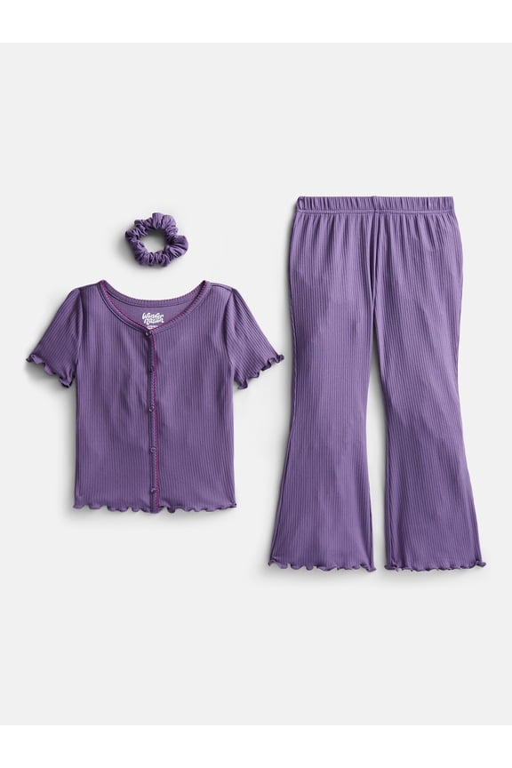 Girls Ribbed Top and Pants Pajama Set with Scrunchie, 2 Piece, Sizes 4-18