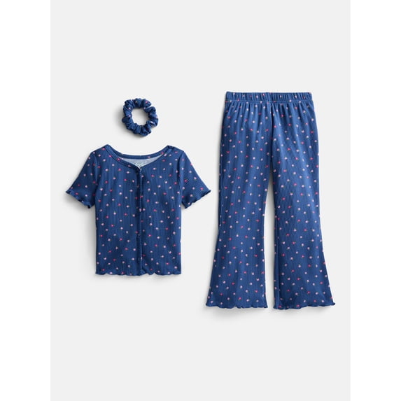 Wonder Nation Girls Ribbed Top and Pants Pajama Set with Scrunchie, 2 Piece, Sizes 4-18