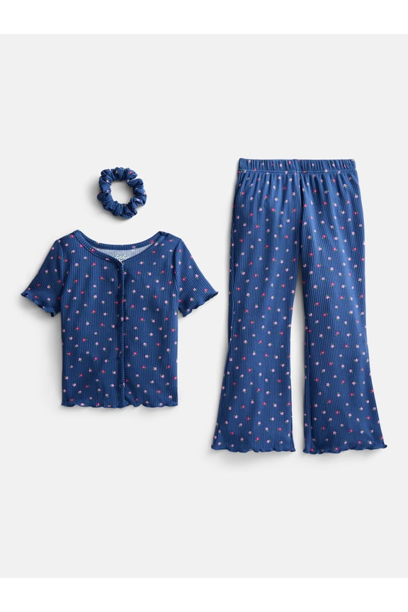 Girls Ribbed Top and Pants Pajama Set with Scrunchie, 2 Piece, Sizes 4-18