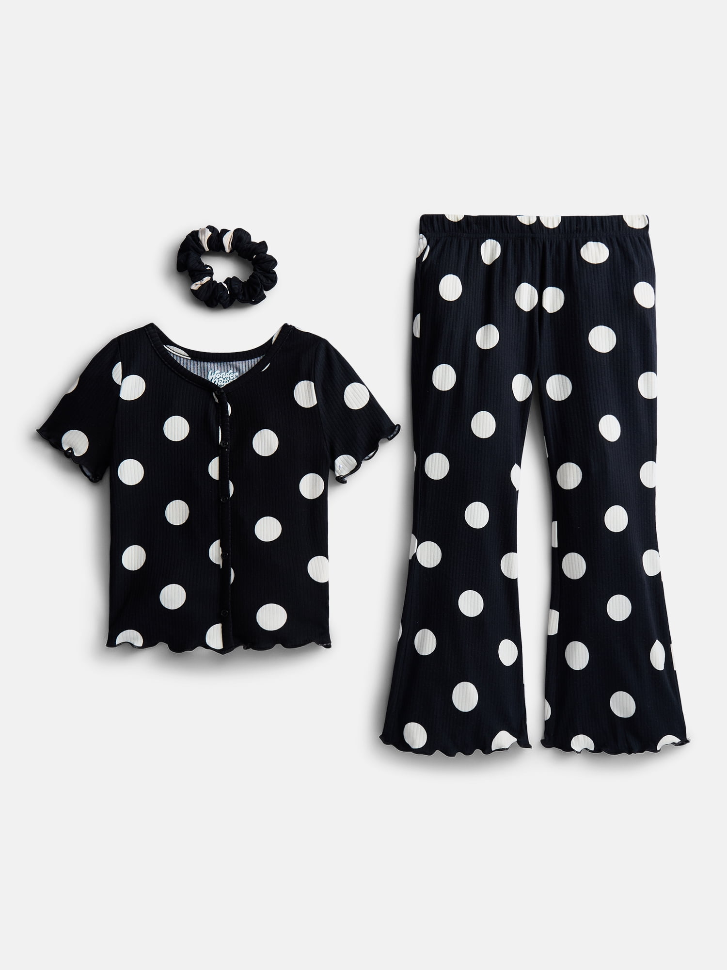 Wonder Nation Girls Ribbed Top and Pants Pajama Set with Scrunchie, 2 Piece, Sizes 4-18