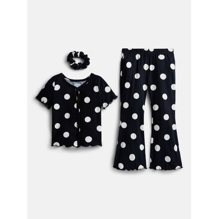 Wonder Nation Girls Ribbed Top and Pants Pajama Set with Scrunchie, 2 Piece, Sizes 4-18